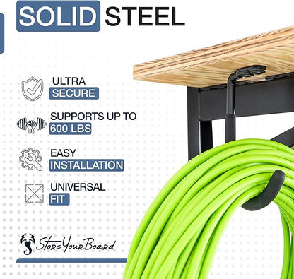 StoreYourBoard 24 Inch Heavy Duty Shelf Brackets, Set of 4 for 2' x 4' DIY Garage Wall Shelves, Holds 600 lbs, Solid Steel, Includes 6 Hooks for Hanging Storage, 23.75" x 1" x 9.5"