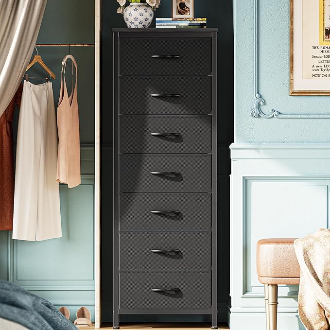 Huuger Tall Dresser for Bedroom, 7 Drawer Dresser & Chests of Drawers, Fabric Drawers for Closet, Bedroom, Night Stand, Metal Frame, Storage Tower with Fabric Bins, Black