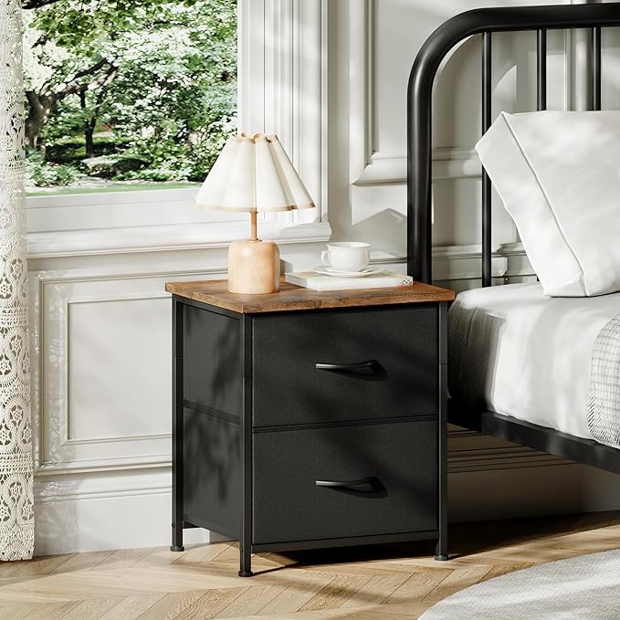 Somdot Nightstand Set of 2 with 2 Storage Drawers, Small Bedside Table End Table, Wooden Top Fabric Cabinet for Bedroom, Kids Closet, College Dorm, Entryway, Black Rustic Brown