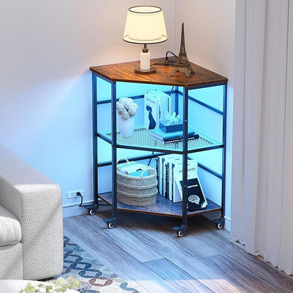 HAIOOU Corner Printer Stand Table with Power Outlet Charging Plugs USB Port & LED Lights, 3-Tier Corner Table with Wheel, Metal Frame Adjustable Storage Shelf for Home Office Kitchen