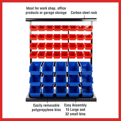 47-Bin Garage Organization Rack (15 Large, 32 Small) - Tabletop or Wall Mount Steel Rack with Removable Stackable Garage Storage Bins, Small Parts Organizer for Hardware or Office Supplies by Stalwart