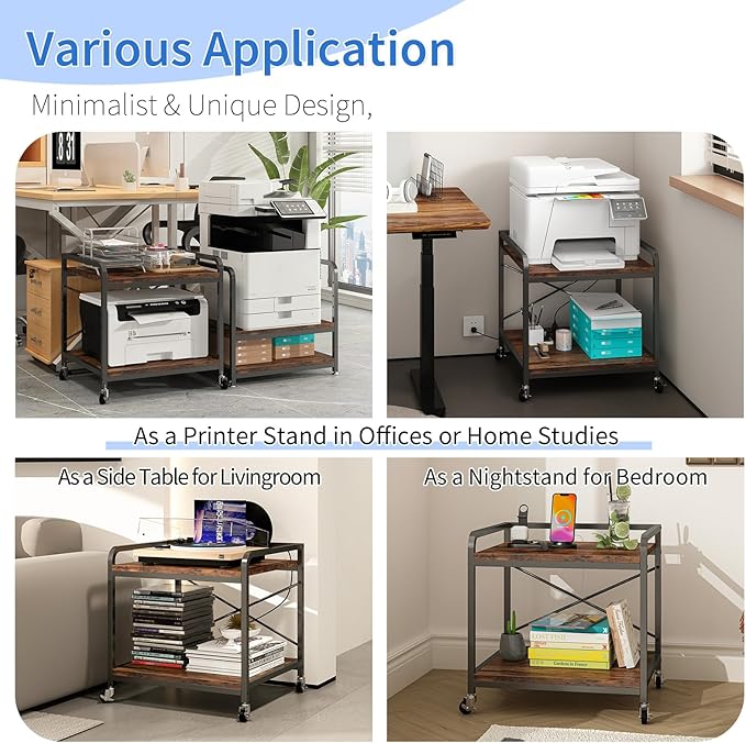 Under Desk Printer Stand with Power Outlet Large Printer Table with Adjustable Shelf,Industrial Wheels, 20 Inches Deep 2 Tier Rolling Printer Cart for Home Office, Rustic Brown