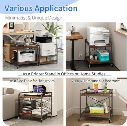 Under Desk Printer Stand with Power Outlet Large Printer Table with Adjustable Shelf,Industrial Wheels, 20 Inches Deep 2 Tier Rolling Printer Cart for Home Office, Rustic Brown