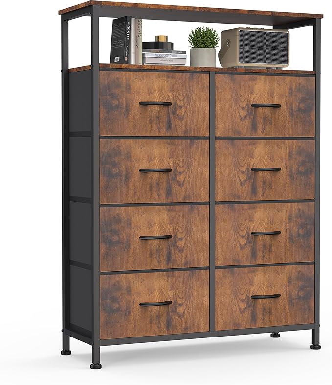 DUMOS Fabric Dresser for Bedroom with 8 Drawers, Tall 8-Drawer Chest of Drawers with Raised Shelf, Storage Tower with Fabric Bins for Closet Organization, Hallway Storage, Brown