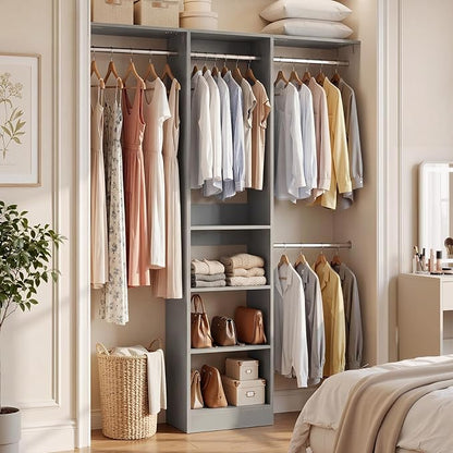 Cyclysio 4FT Small Closet System, 80"H Closet Organizer System with 4 Closets Rods & 3 Shelves, 48" Closets Organizers and Storage for Small Bedrooms, Laundry Rooms, Cloakrooms, Grey