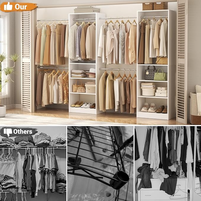 Homieasy White Wooden Closet System, 4.5-10ft Expandable Closet Organizer with 5 Hanging Rods & 4-Tier Shelving Tower, Adjustable Walk-in Reach-in Wardrobe Storage Solution for Bedroom