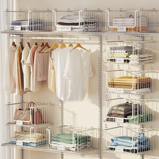 4-Tier Hanging Laundry Room Organizer with Label Cards,Foldable Wire Shelf Basket with 4 Rotating Hooks,Stacked Laundry Basket Organizer,Storage Rack for Laundry Rooms,Closet and Pantry-White