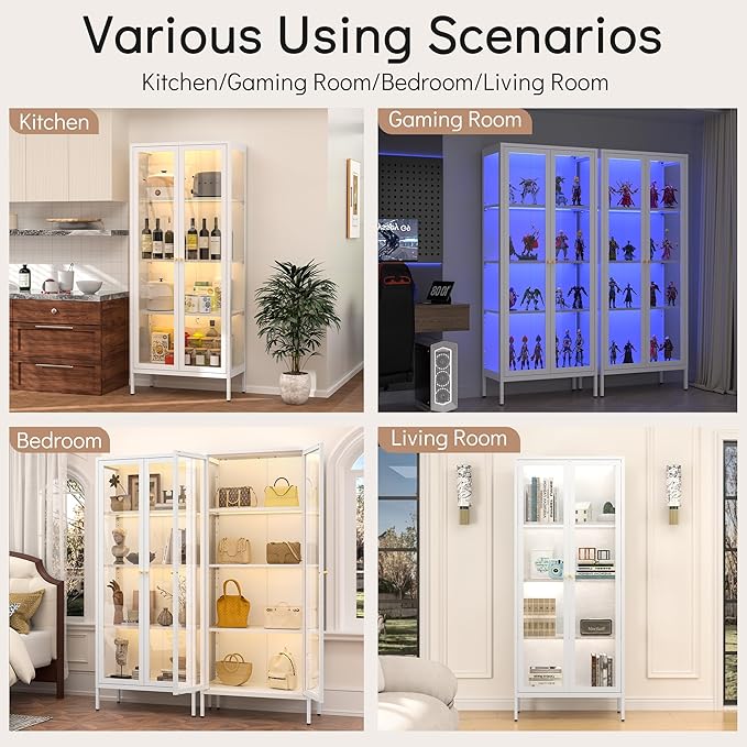 Display Cabinet with 3 Color LED Lights and Tempered Glass, 66 Inch Tall Curio Cabinet with 3 Side Glass, White Display Case for Collectibles, Lighted Cabinets for Living Room- Assemble Required