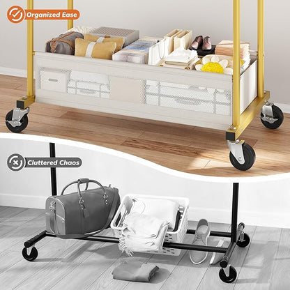 Clothes Rack, Double rods clothing rack, Clothing Racks for hanging clothes, Rolling clothes rack with Storage Basket & Heavy Duty Wheels, garment rack for Bedroom, Laundry Room, Gold