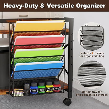 EasyCom 24"x20" Large Printer Stand with Hanging File Holder Organizer, Adjustable Height Shelf with Wheels, Under Desk Table with Storage for Printer Scanner Fax Home Office Use Rustic Brown