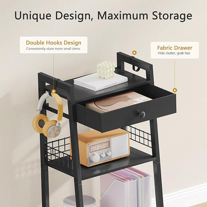 3-Tier Ladder Shelf with Drawer, Bathroom Table Stand for Small Space, Standing Bathroom Shelves with Storage for Living Room Kitchen Bedroom, Organizer Shelf, Black