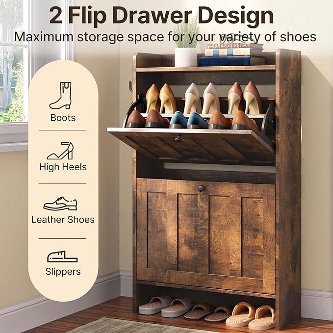 Gizoon Shoe Cabinet with 2 Flip Drawers, Shoe Organizer Storage for Entryway, Freestanding Narrow Rack Cabinet with Space-Saving, for Hallway, Retro