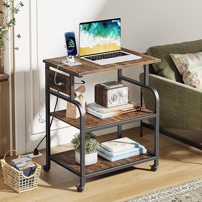 YAOHUOO 3 Tier Large Printer Stand with Power Outlet/Adjustable Storage Shelf, Rolling Cart with Wheels, Printer Table for Home Office 3D Printer/Heat Press/Laster, 22"×15" Rustic Brown