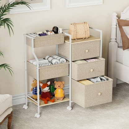 Baby Organizer and Storage - 3 Tier Rolling Cart with Dividers and Drawers, Easy To Assemble, Mobile Utility Cart with Wheels for Nursery, Bedroom, Changing Table & Crib,Off White