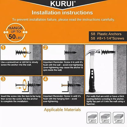KURUI Metal Self Drilling Drywall Anchors, 116PCs Shatter-Resistant Wall Anchors and Screws Kit, 58 Heavy Duty Sheetrock Anchors + 58#6 x 1-1/4'' Screws, Zinc Hollow Dry Wall Anchors 50LB Hanging