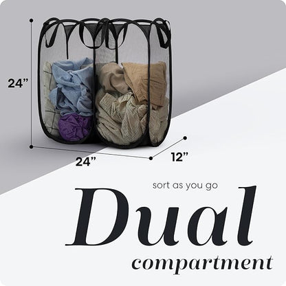 Handy Laundry Mesh Popup Hamper - Two Compartments, Collapsible for Storage and Easy to Open. Folding Pop-Up Clothes are Great for The Kids Room, College Dorm or Travel. (Black)