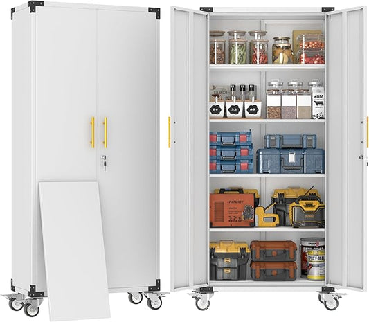 71" Storage Cabinet with 4 Adjustable Shelves, Locking Metal Tool Storage Cabinet with Wheels for Garage, Warehouse,Assembly Required, Grey