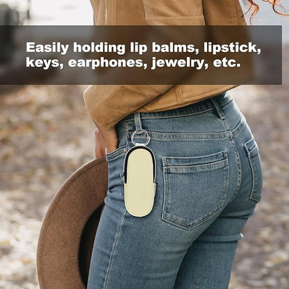 Portable Lip Balm Organizer Case with Keychain, Travel Chapstick Holder Storage Bag, Waterproof Small Cosmetic Organizer, Anti-Lost Lipstick Lip Gloss Sleeve Pouch Keeper Case (Beige, Large)