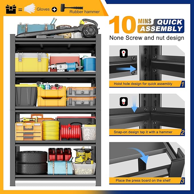 Garage Shelving Unit,Rustproof Heavy Duty Storage Shelves,Adjustable Metal Steel Utility Shelf,Easy Assembly,Garage Storage Organize Rack,for Tools,Basement,Warehouse(5-Tier 72"Hx47.3"Wx23.6"D)