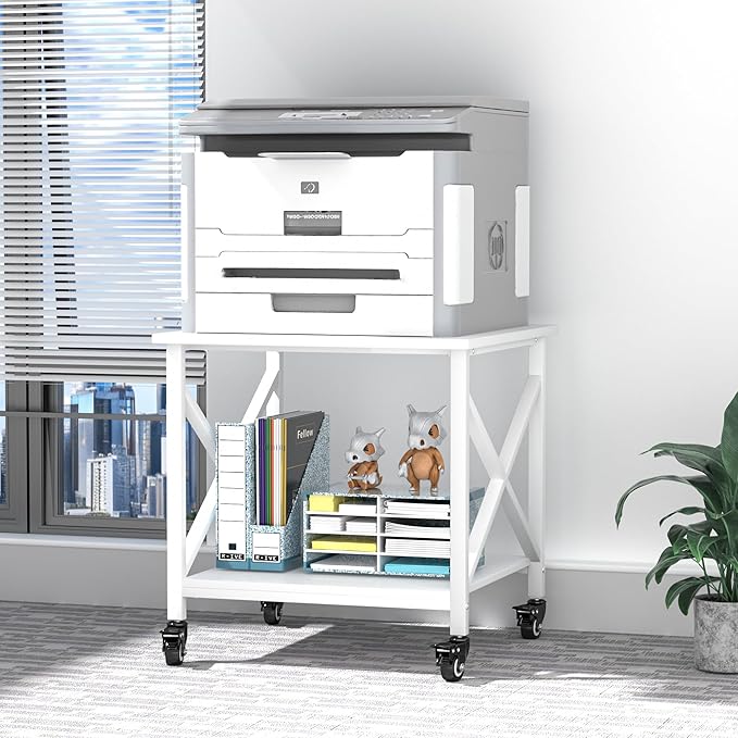 Printer Stand, 23.6 x 23.6 Inches Large Printer Stand with Storage Shelf, 2 Tier Printer Table for Home Office, Rolling Printer Cart with Industrial Wheels, Mini Fridge Stand Table, White