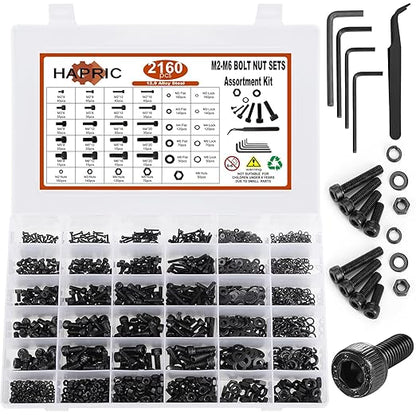 2160 Pcs Metric Screw Assortment Metric Bolts M2 M3 M4 M5 M6 Nuts and Bolt Kit, 12.9 Alloy Steel Black Zinc Plated Hex Socket Head Screws Nuts Bolts and Washers Set