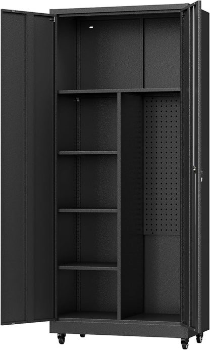 Metal Garage Storage Cabinet with Wheels, Locking Doors and Adjustable Shelves - Tall Black Cabinet for Office, Home, Garage, Shop