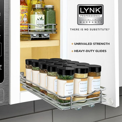LYNK PROFESSIONAL® Pull Out Spice Rack Organizer for Inside Kitchen Cabinets - 6-3/8 inch Wide - Slide Out Drawer – Chrome Sliding Spice Organization for cabinet - Spice Racks - 1 Tier