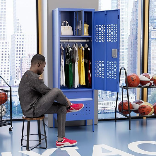 Locking Metal Lockers with Hanging Rod,1 Door Metal Storage Locker for Gym,Basketball Gym,Gymnasiums,Utility Room,Assembly Required,Blue