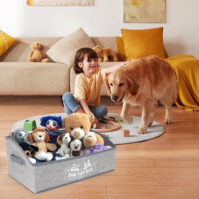 Foldable Pet Toy Storage Box with 3 Handles, Portable Organizer Basket for Dog Toys, Blankets & Accessories, White Dogs