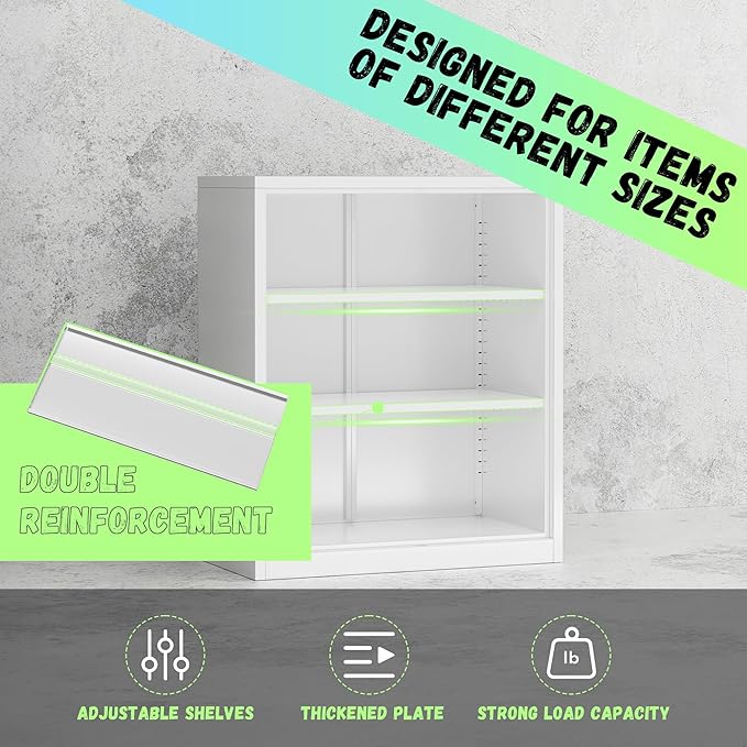 Bonusall Metal Garage Storage Cabinet, 36" H Locking Cabinets with 2 Adjustable Shelves,2 Door Small Pantry Storage for Home Office, Kitchen, Bathroom(White)