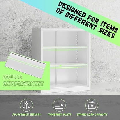Bonusall Metal Garage Storage Cabinet, 36" H Locking Cabinets with 2 Adjustable Shelves,2 Door Small Pantry Storage for Home Office, Kitchen, Bathroom(White)