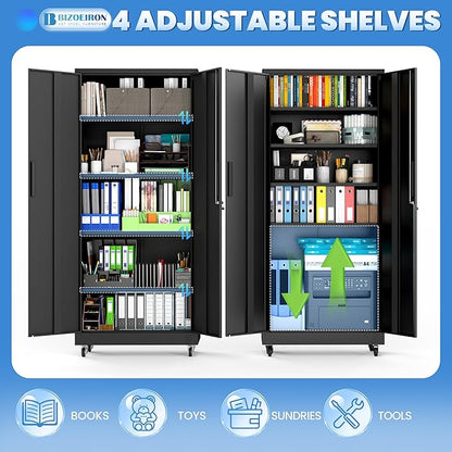 Garage Metal Storage Cabinet with Lock, 71'' Tall Storage Cabinet with Adjustable Shelves and Doors, Rolling Tool Cabinet on Wheels for Garage, Utility Room