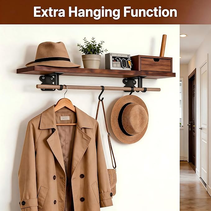 5 Inch Black Shelf Brackets, Floating Shelf Bracket with 4 Detachable Hooks, Wall Mounted, Supports Up to 150 lbs, Iron Metal L Bracket for DIY Storage
