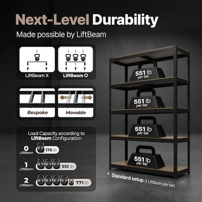 HOMEDANT House 5 Tier Heavy Duty Garage Shelving Adjustable Metal Rack Storage Shelves Standing Shelf Unit Organizers Pantry Closet Office (2, Black, 48.1" W x 16.5" D)