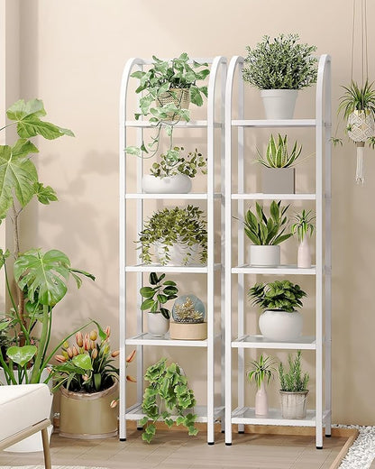 Bookcase Bookshelf, Tempered Glass Arched Bookshelf for More Storage, Slim Shelving Unit for Bedroom, Bathroom, Home Office, Steel Frame, 5 Tier White BC20599W