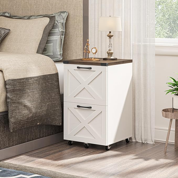 2 Drawer Small File Cabinet with Wheels, Farmhouse Vertical Filing Cabinet Fits A4/Letter Size, Under Desk Rolling File Cabinets for Home Office, Wooden Printer Stand, Rustic White