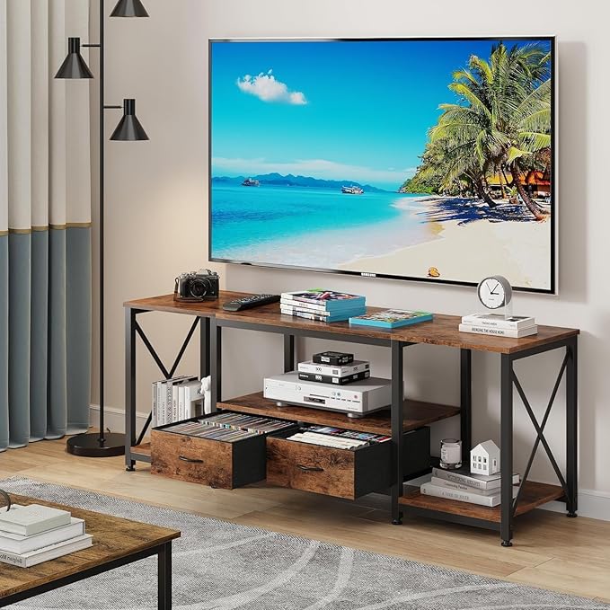 GYIIYUO TV Stand with Fabric Drawer for 50 55 Inches TV - Entertainment Center and Industrial TV Console Table with Open Storage Shelves for Living Room, Bedroom - 47" Rustic Brown