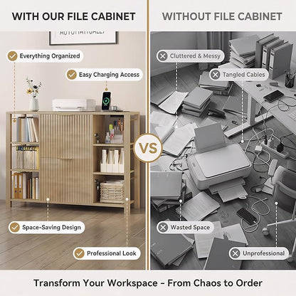 File Cabinet for Home Office, Fluted Filing Cabinet with Charging Station, 2 Drawers Fit Letter/Legal/A4 with Tabs, Printer Stand with Lock & 2 Power Outlets, 6 Shelves (2, Oak)