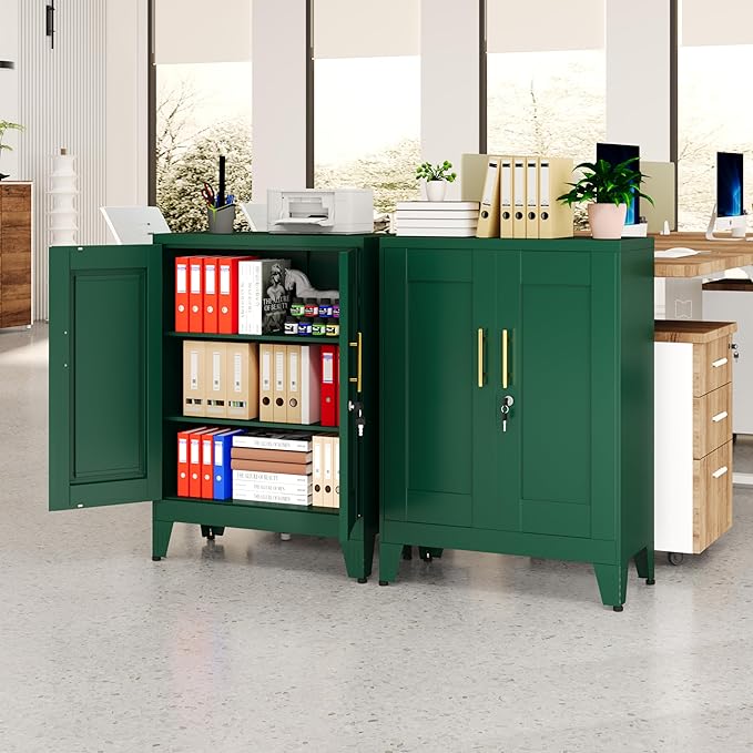 Green Metal File Cabinet with Lock (Two Units), Steel Storage Cabient with 2 Doors and 2 Adjustable Shelves, Multifunctional Locked Cabinet for Home/Office/Garage/Tool Room, Accent Furniture