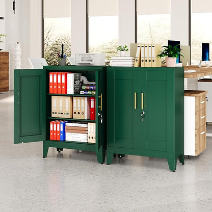 Green Metal Storage Cabinet, 36" Tall Locking Storage Cabinet with 2 Adjustable Shelves, Steel Locker Organizer, for Office, Home, School, 11.81" D x 23.62" W x 35.83" H, 2PS