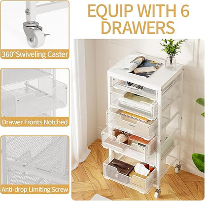 6 Drawers Utility Cart, Rolling Storage Cart with Wooden Tabletop, Storage Drawer Cart on Lockable Wheels, Craft Cart for Bedroom, Classroom, Office, White