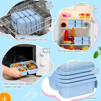 Large Capacity Bento Box for Adults, 4-Piece Set – Stackable Lunch Box with 4 Compartments, Microwave & Dishwasher Safe, Reusable Meal Prep Containers, Snack Containers for Kids & Adults (Blue)