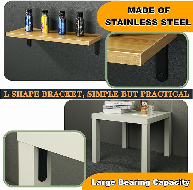 Alise 4 PCS L Brackets Heavy Duty Corner Bracket, 3.2 X3.2 Inch Black Floating Shelf Brackets for Shelves, Stainless Steel L Shape Wall Mounting Brackets, Metal L Joint Angle Bracket for Wood Shelving