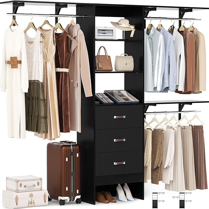 Closet System with Drawer - 8FT Wood Closet Organizer System with 3 Hanging Rods and Shelving Tower, 96" Walk In Closet Organizer Wardrobe, Black