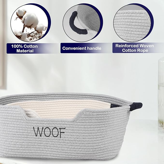 2 Pack Dog Toy Baskets,Pet Rope Basket for Dog Cat Toys,Dog Toy Bin with Handles,Woof Puppy Toy Storage Basket,Puppy Bed,Dog Stuff Organizer for Toys,Collar,Leash,Nursing Supplies-Beige+Gray