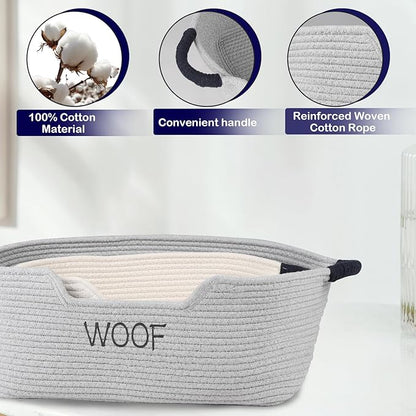 2 Pack Dog Toy Baskets,Pet Rope Basket for Dog Cat Toys,Dog Toy Bin with Handles,Woof Puppy Toy Storage Basket,Puppy Bed,Dog Stuff Organizer for Toys,Collar,Leash,Nursing Supplies-Beige+Gray