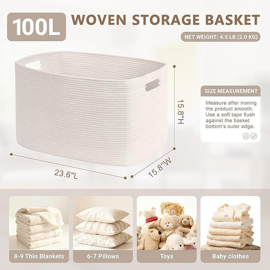100L Extra Large Baby Girls Laundry Basket for Nursery Storage,Cute Woven cotton Rope Baskets for Kids Toy，Gifts, Boho Square Wicker Blanket hamper for Living Room,Bedroom Dirty Clothes, White