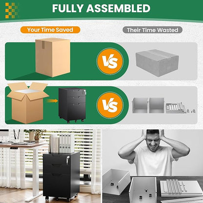 Mobile File Cabinet,3 Drawer Locking Storage Filing Cabinet,Office Metal Storage Cabinet on Wheels for Legal/Letter/A4 File(Fully Assembled，Black)