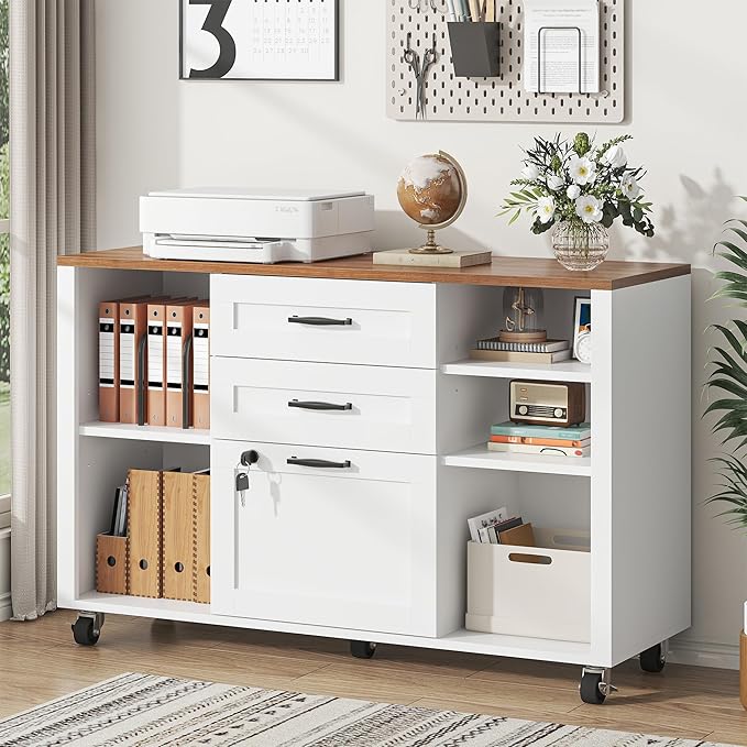 3 Drawer Wood Mobile Large lateral File Cabinet with Lock, Lockable Rolling Filing Cabinet with Open Storage Shelves, Printer Stand Office Storage for Home Office Fits Files Legal/A4, White
