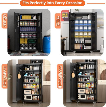 Garage Storage Cabinet with Wheels & Pegboard, Lockable Metal Storage Cabinet with Doors and 5 Adjustable Shelves for Garage, Home, Storage, Assembly Required, Black, 71" H×34" W×18" D